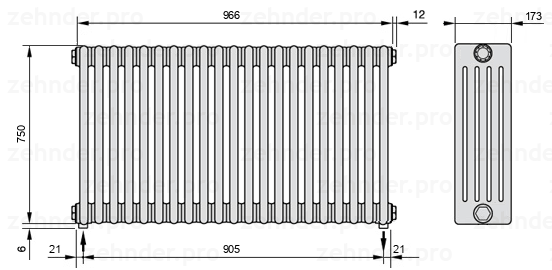 Схема (чертеж) Радиатор Zehnder Charleston 5075/21 №5310 Белый глянцевый RAL 9016